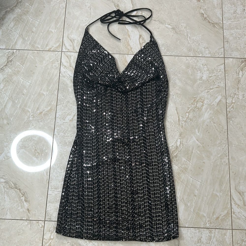 Black Sequin Swoop Halter Neck Mini Dress with Open Back